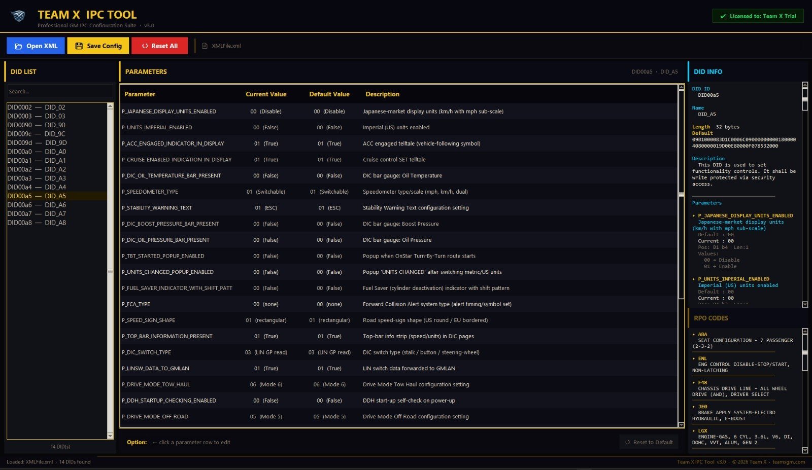 Super GM IPC Tool — DID parameter editor with live values and RPO codes